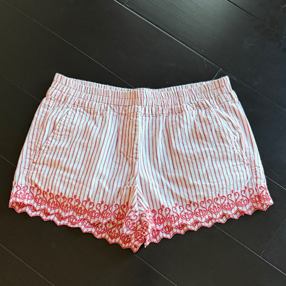 LOFT Red and White Striped Embroidered Scalloped Bottom Shorts